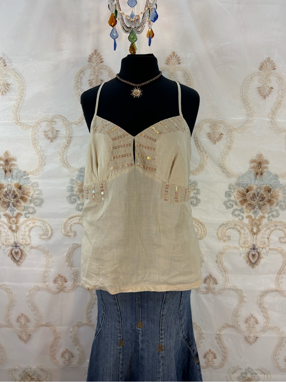 ✨Vintage Y2K Bohemian Beige Linen Sequins Racerback Tank Top✨ - Picture 8 of 9